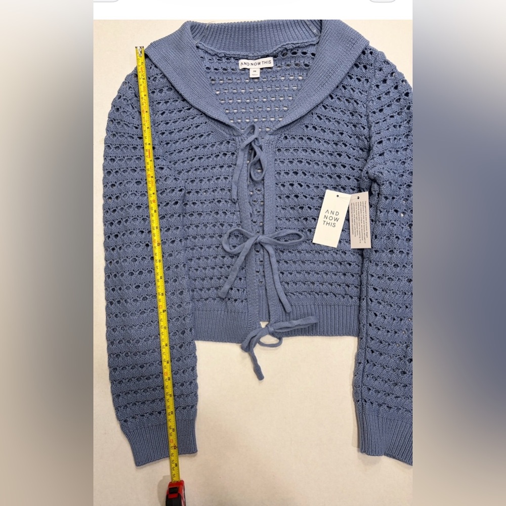 Blue Open Knit Tie Front Cardigan | Cropped Sweater | NWT | PM Petite - Picture 6 of 8